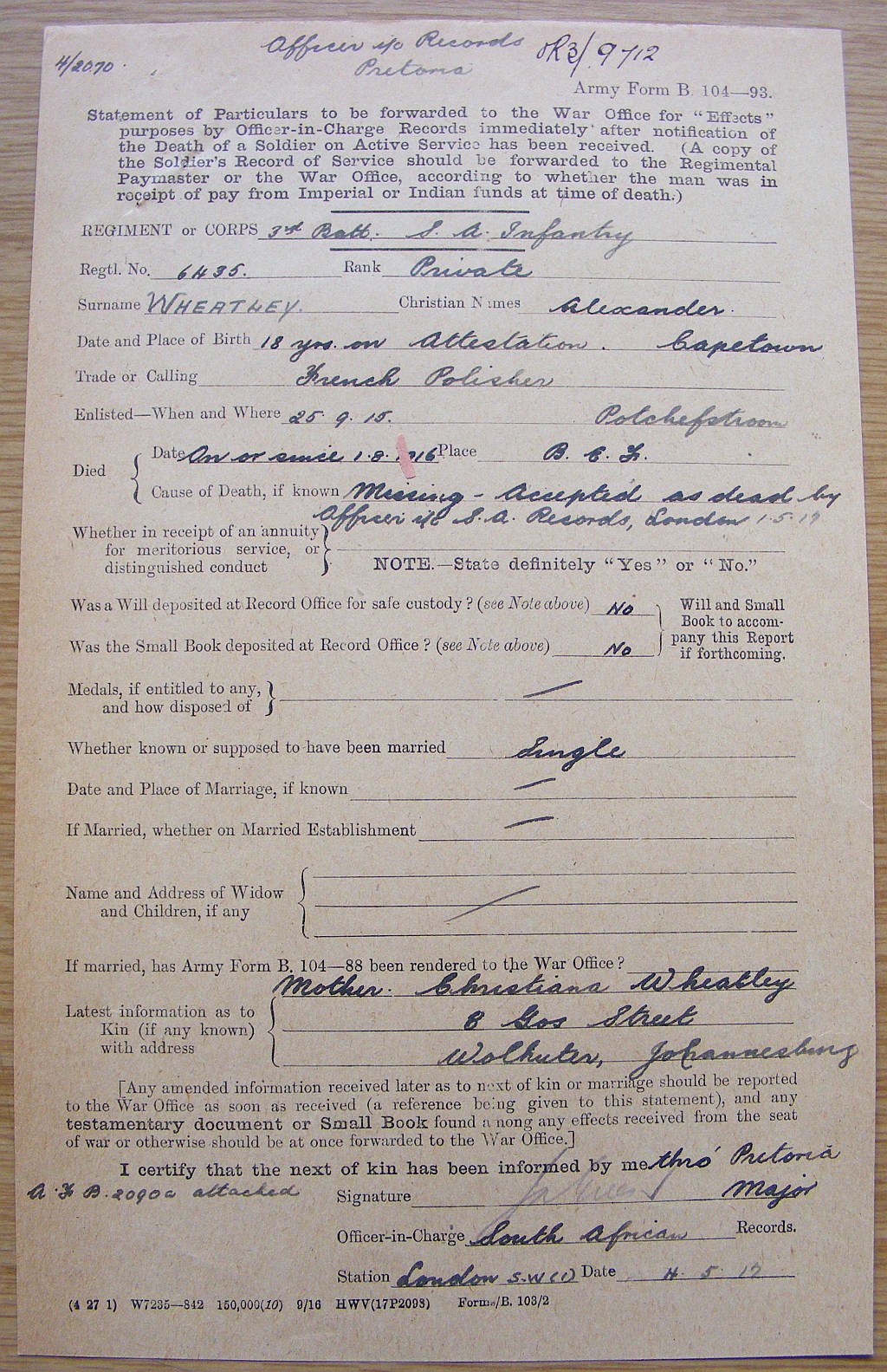 Photo from /search/photos/France/Somme/THIEPVAL MEMORIAL/Research Terry/WHEATLEY A/WHEATLEY A_4.jpg